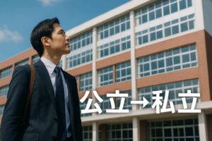 公立から私立へ転職を考える男性教員が、明るい未来を見上げる様子