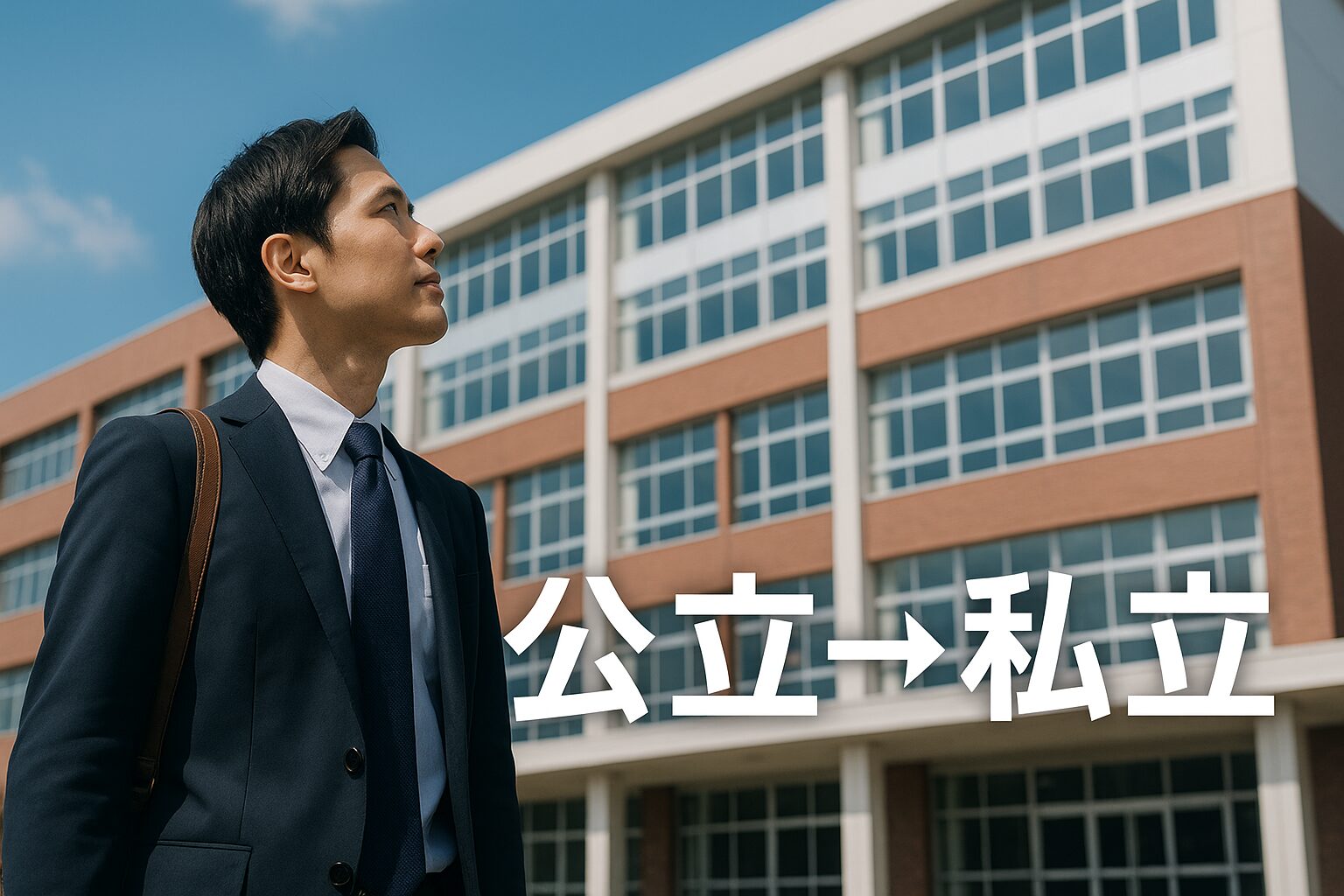 公立から私立へ転職を考える男性教員が、明るい未来を見上げる様子